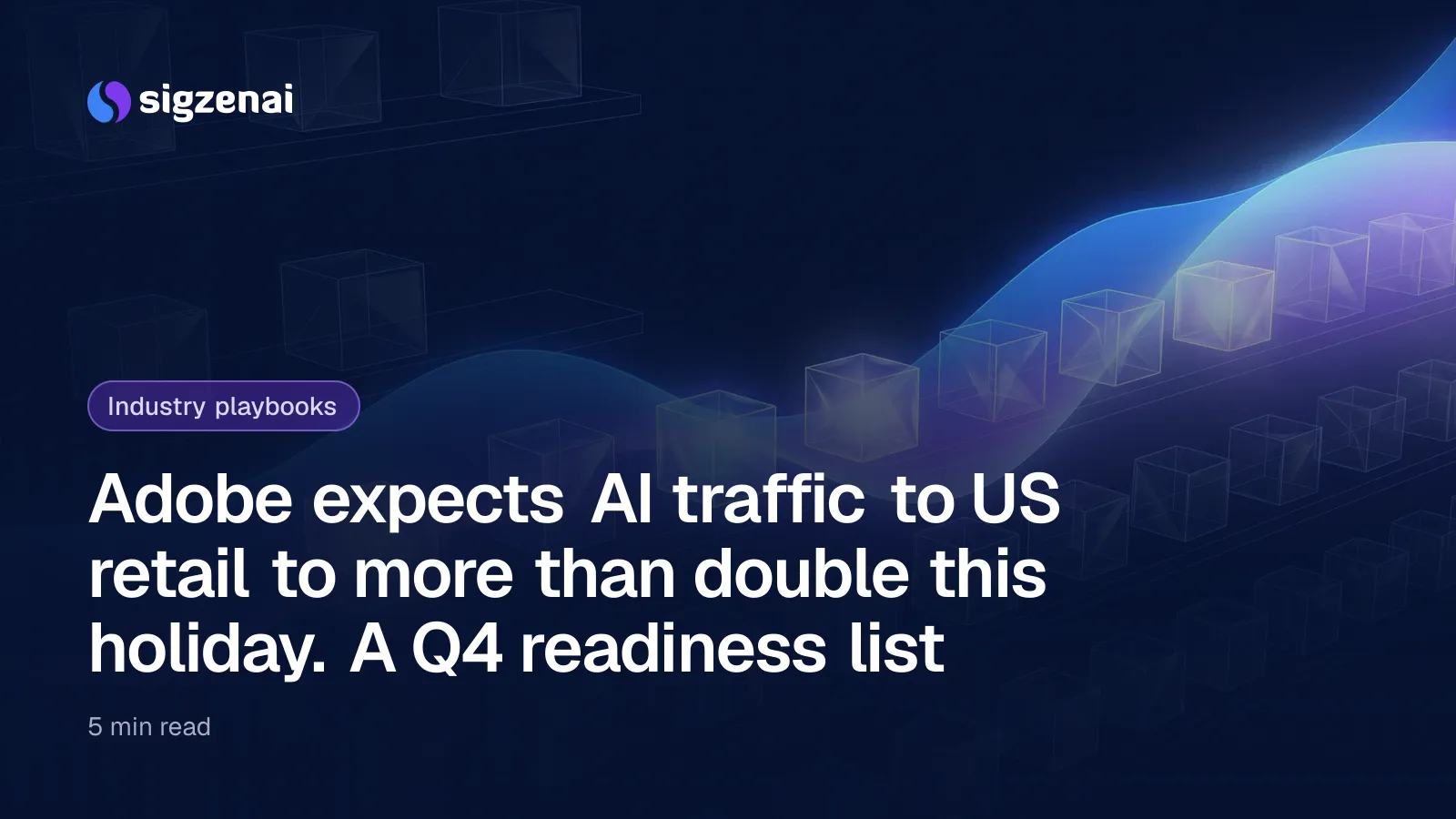 Adobe expects AI traffic to US retail to more than double this holiday. A Q4 readiness list — Rows of small glass gift boxes on dark shelves, lit by a rising wave of blue-violet light that brightens towards the far end.