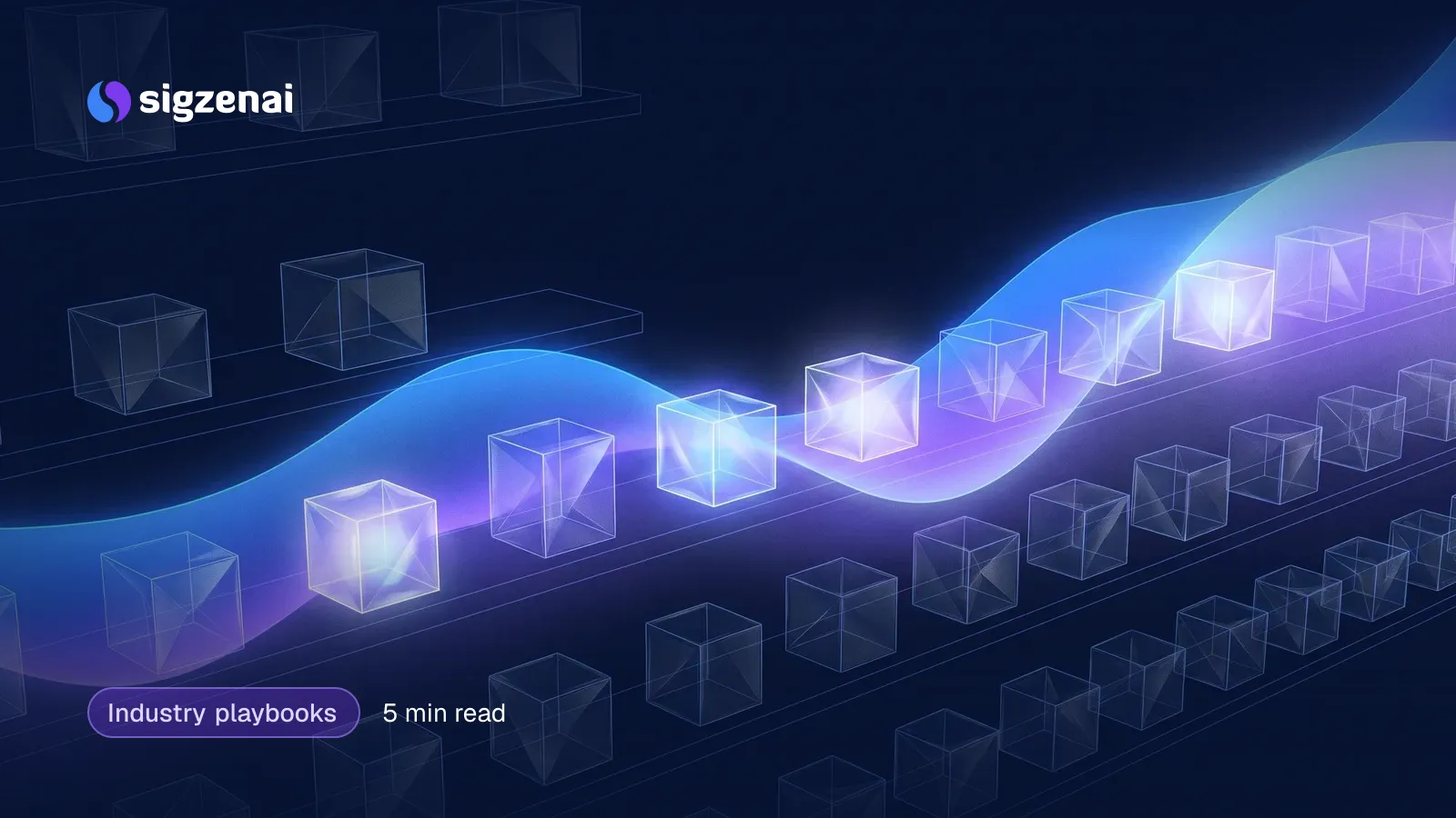 Industry playbooks, 5 min read — Rows of small glass gift boxes on dark shelves, lit by a rising wave of blue-violet light that brightens towards the far end.