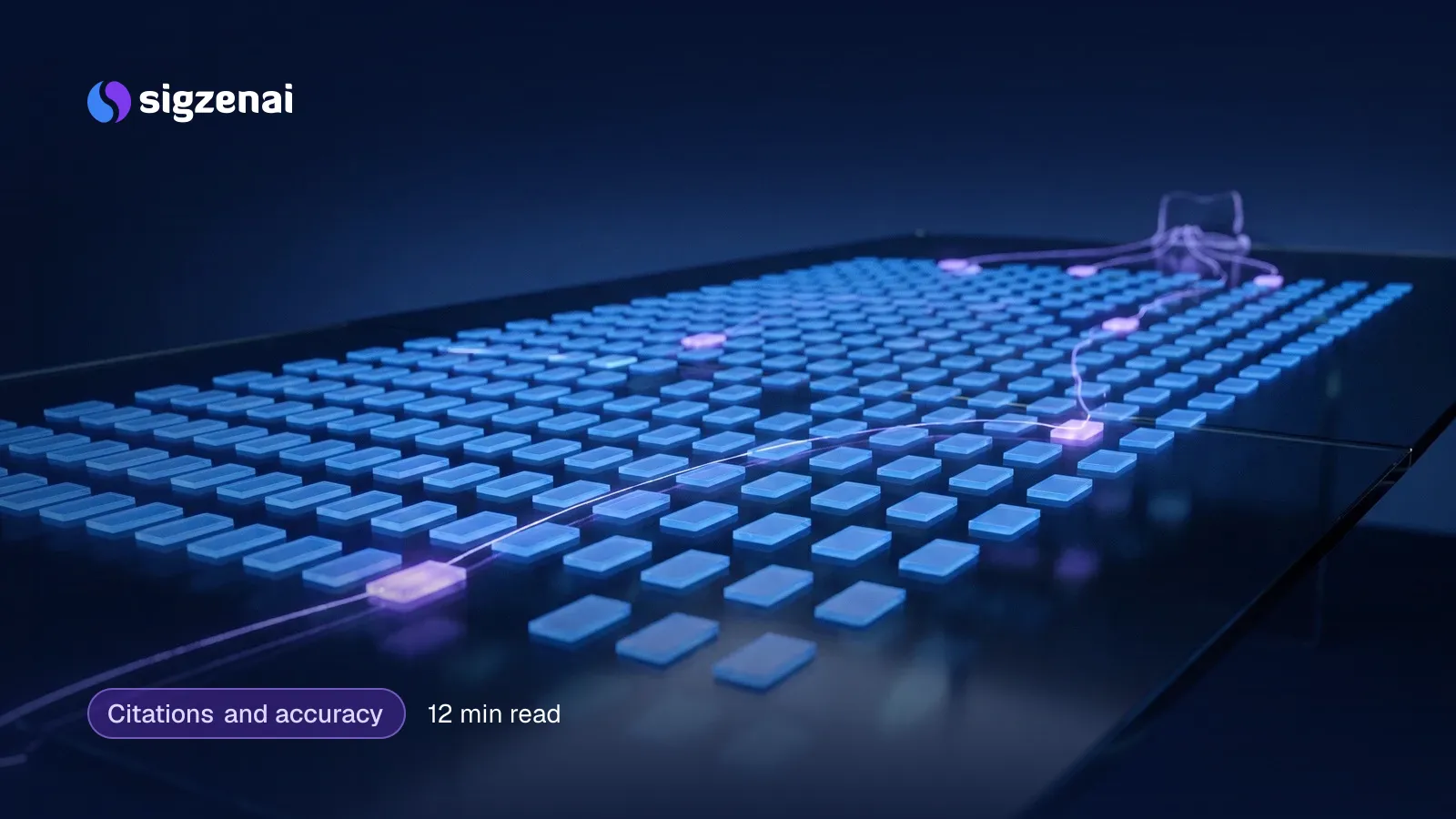 Citations and accuracy, 12 min read — A grid of glowing glass tiles on a dark table, with a few violet tiles linked by thin threads of light to faint shapes in the distance.
