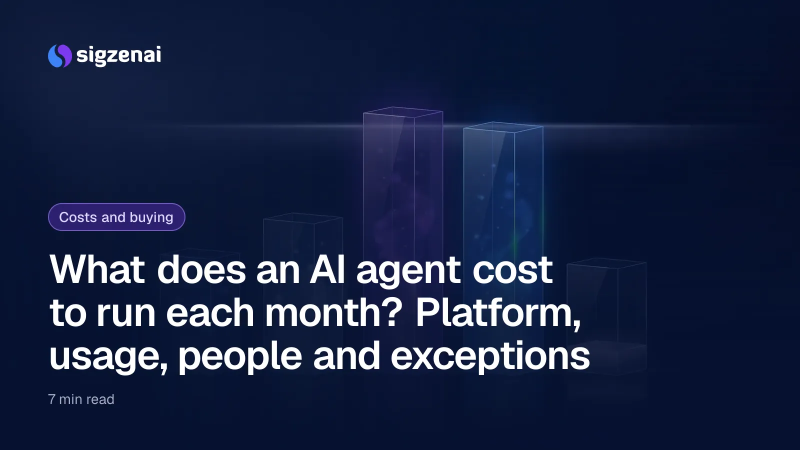 What does an AI agent cost to run each month? Platform, usage, people and exceptions — Five translucent glass columns of different heights filled with glowing blue and violet particles, with a faint horizontal beam of light behind them.