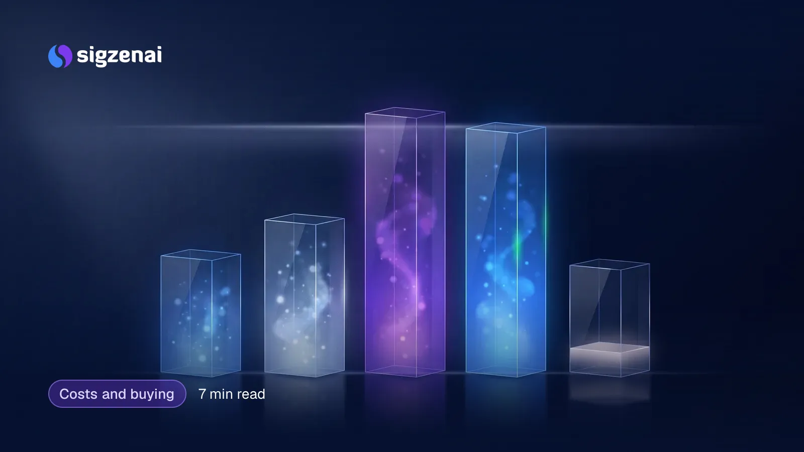 Costs and buying, 7 min read — Five translucent glass columns of different heights filled with glowing blue and violet particles, with a faint horizontal beam of light behind them.