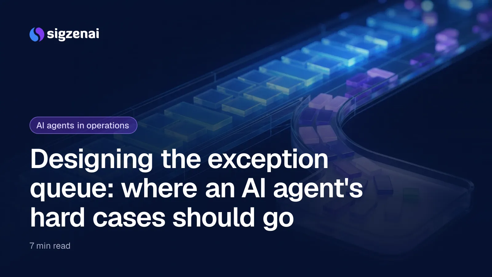 Designing the exception queue: where an AI agent's hard cases should go — Glowing glass tiles flow along a dark channel while a few violet tiles divert into a softly lit side tray.