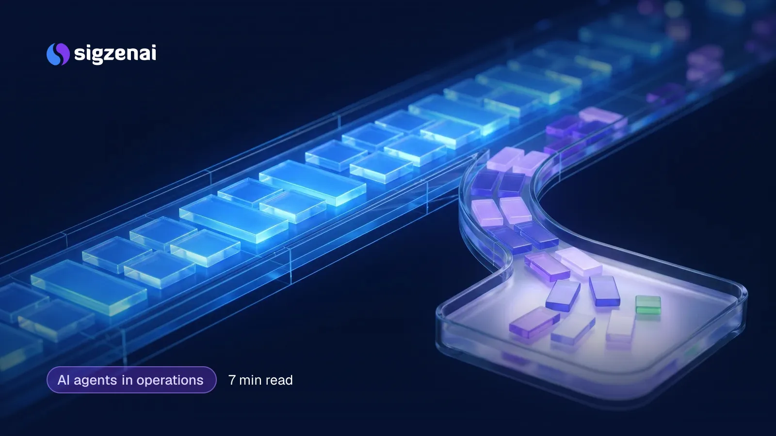 AI agents in operations, 7 min read — Glowing glass tiles flow along a dark channel while a few violet tiles divert into a softly lit side tray.
