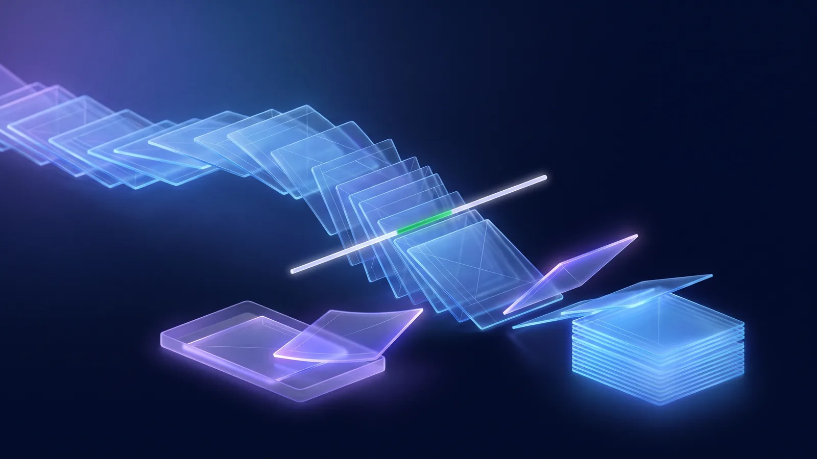 Translucent sheets flow toward a glowing stack through a lit gate, while a few drift aside into a separate tray on a deep blue background.