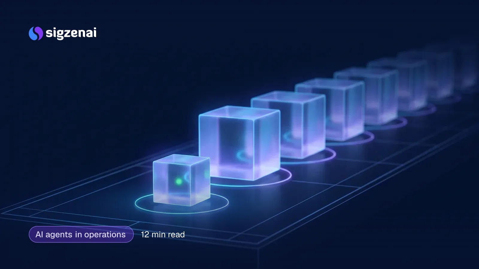 AI agents in operations, 12 min read — A small glowing glass block sits in front of a long, orderly row of larger glass blocks, each lit by a faint ring of blue light.