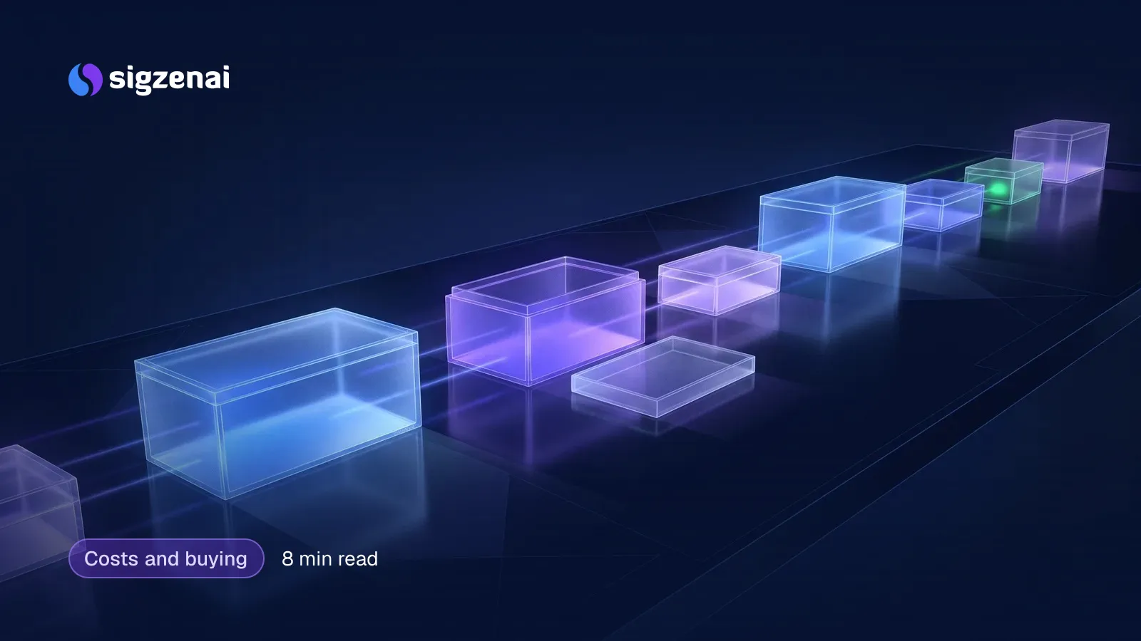 Costs and buying, 8 min read — A row of translucent glass boxes on a dark table, each glowing blue-violet, one opened with its lid set beside it.
