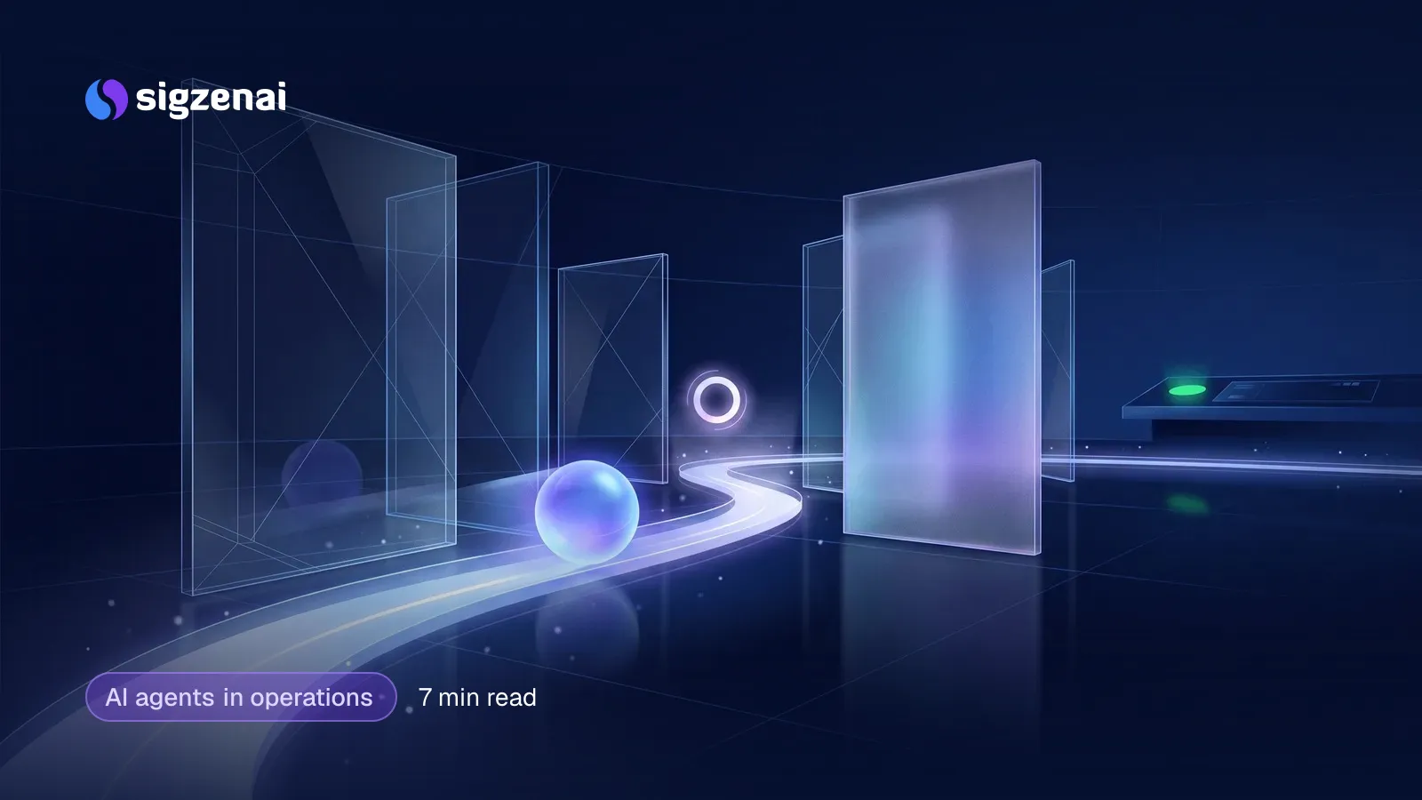 AI agents in operations, 7 min read — An orb of blue-violet light moving along a track through clear and frosted glass panels in a dark room, watched over by a glowing ring.