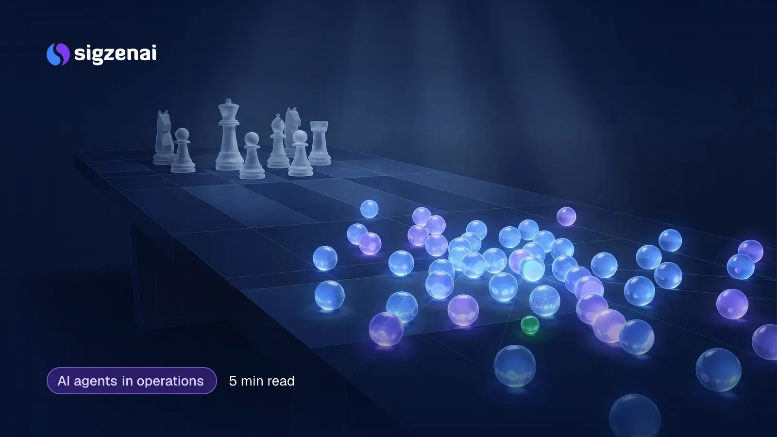 AI agents in operations, 5 min read — A few frosted glass pieces at the far end of a dark table, with many small glowing glass spheres spreading across the surface toward the viewer.