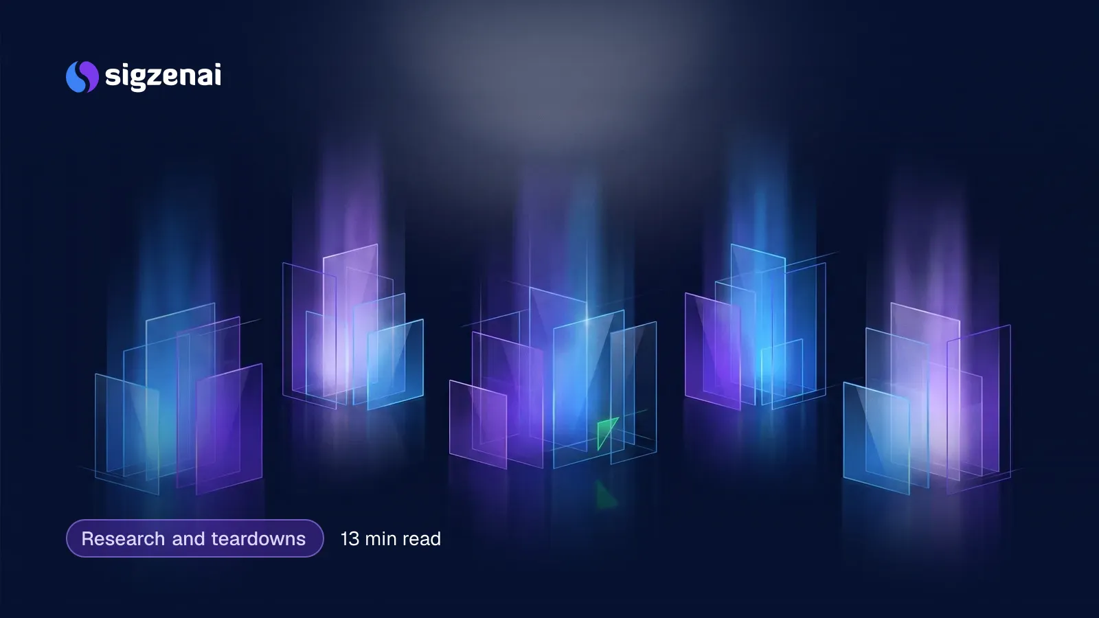 Research and teardowns, 13 min read — Separate clusters of glass panels on a dark reflective floor, each lit by its own blend of blue and violet light rising toward one soft glow.