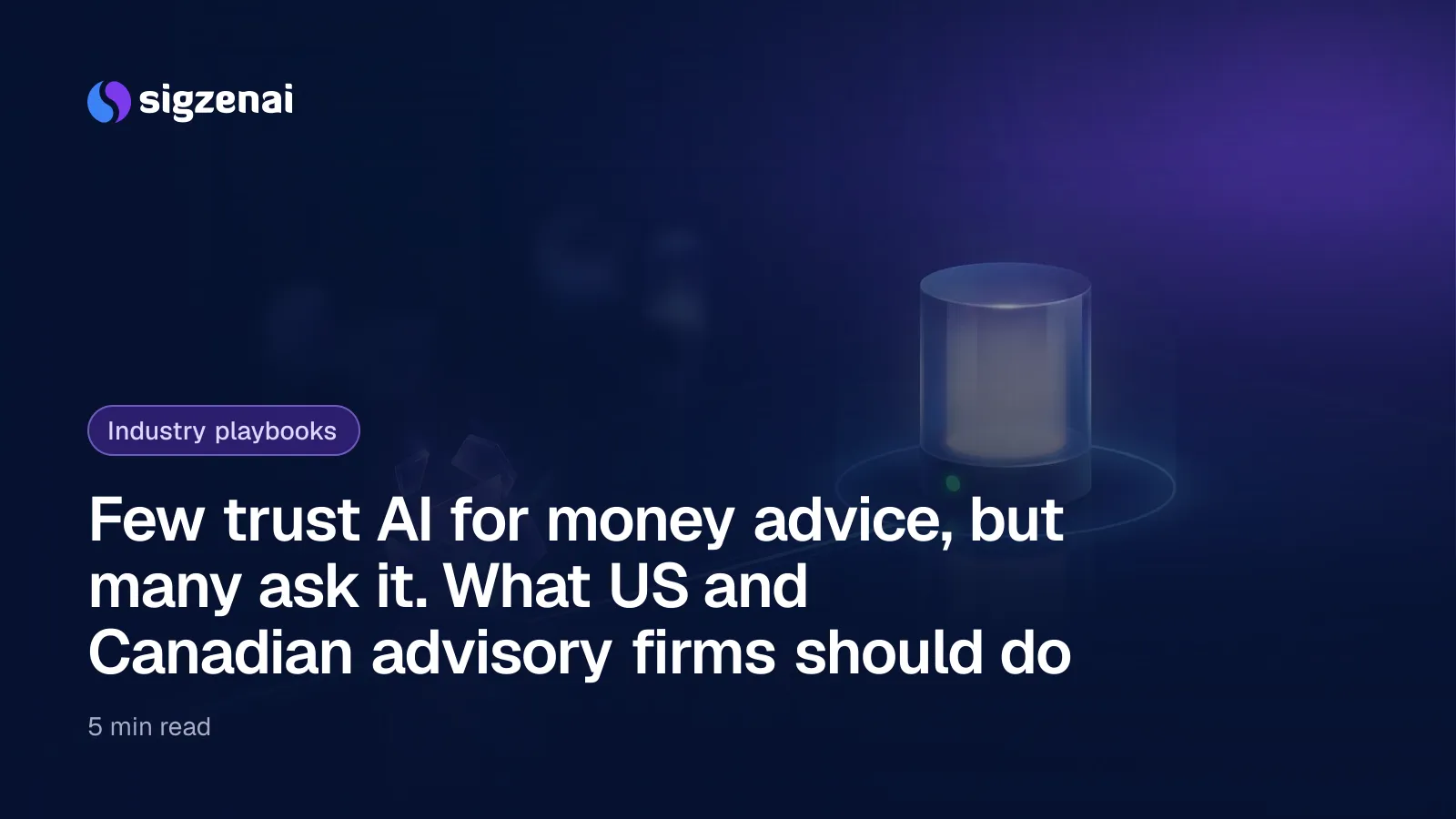 Few trust AI for money advice, but many ask it. What US and Canadian advisory firms should do — A faintly shimmering cluster of violet glass shards in the foreground, with a thin path of light leading to a steady, lit glass pillar behind it.