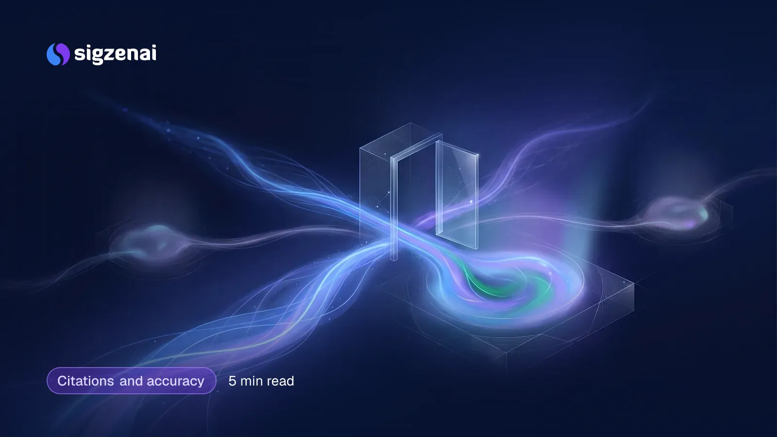 Citations and accuracy, 5 min read — A stream of blue-violet light flowing through a small floating glass doorway into a glowing pool, with fainter streams branching away.