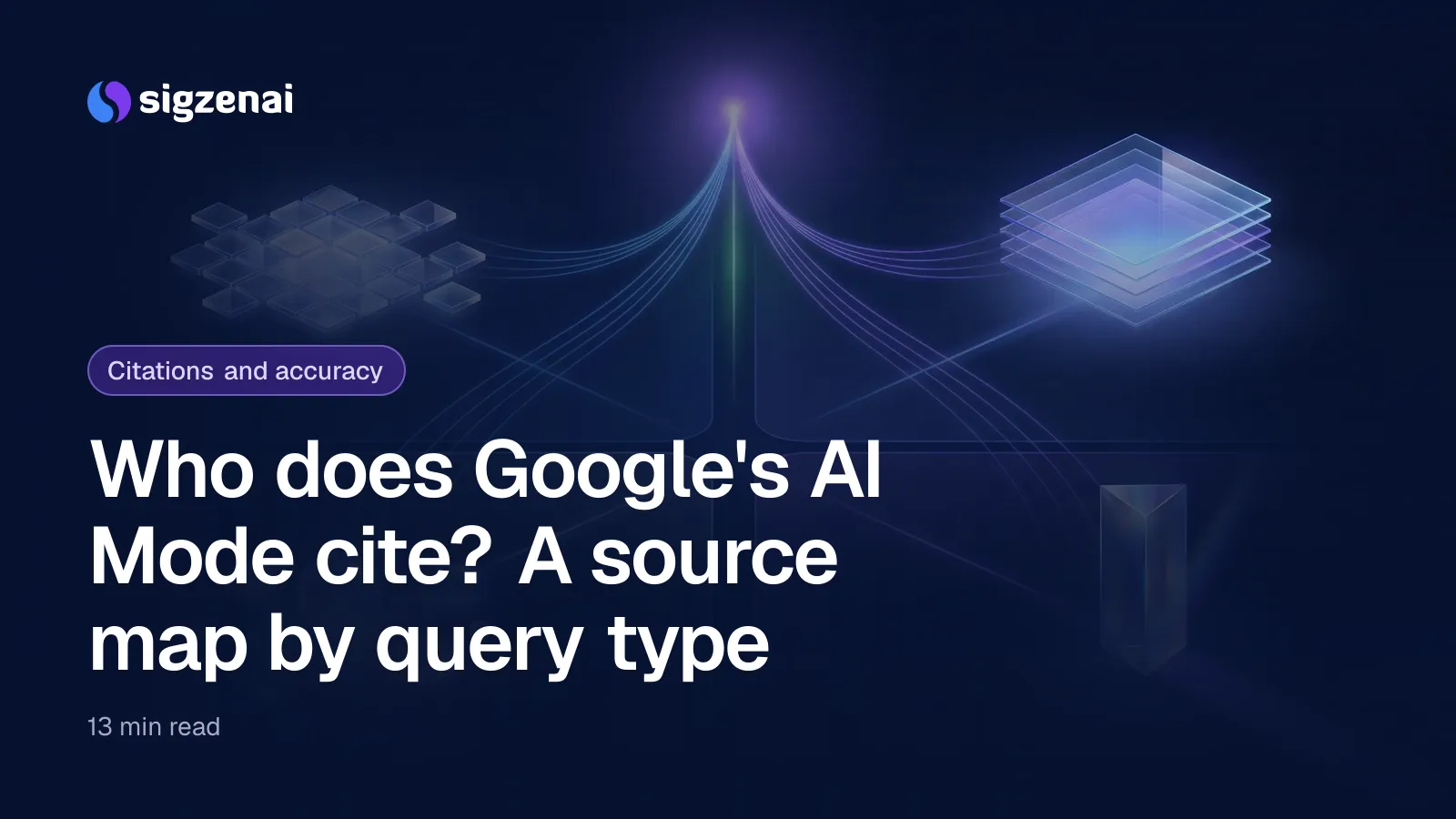 Who does Google's AI Mode cite? A source map by query type — Four regions of different glass forms on a night-blue landscape, with fine beams rising from each to meet in one violet point of light.