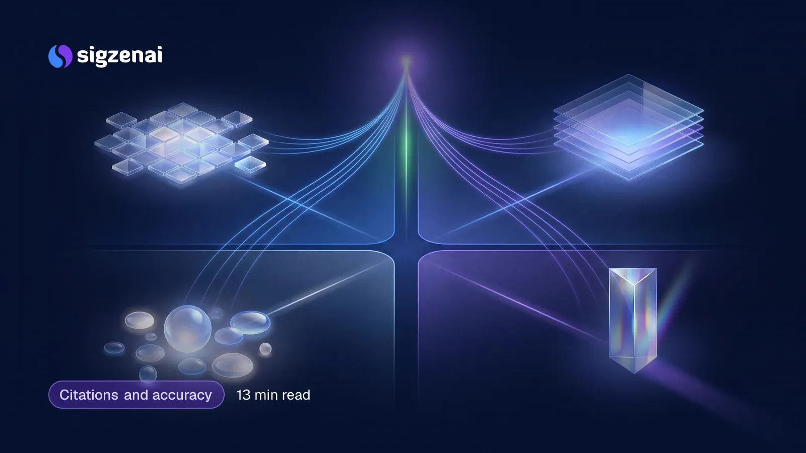 Citations and accuracy, 13 min read — Four regions of different glass forms on a night-blue landscape, with fine beams rising from each to meet in one violet point of light.