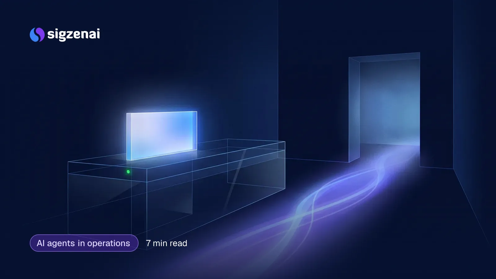 AI agents in operations, 7 min read — A glass reception desk in a dim corridor, with a clear panel of light standing on it and a soft glow leading to an open doorway.