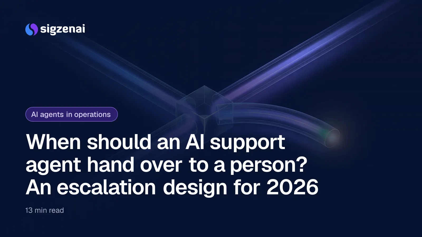 When should an AI support agent hand over to a person? An escalation design for 2026 — A path of blue-violet light on a dark plane splitting at a glass junction, one branch curving towards a steady point of light.