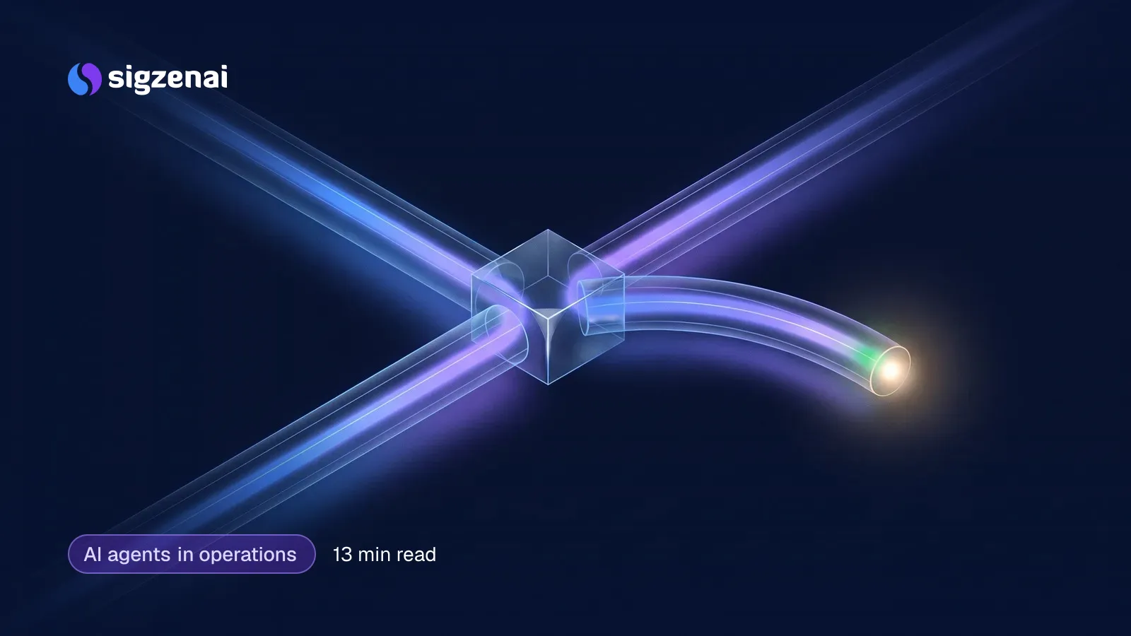 AI agents in operations, 13 min read — A path of blue-violet light on a dark plane splitting at a glass junction, one branch curving towards a steady point of light.