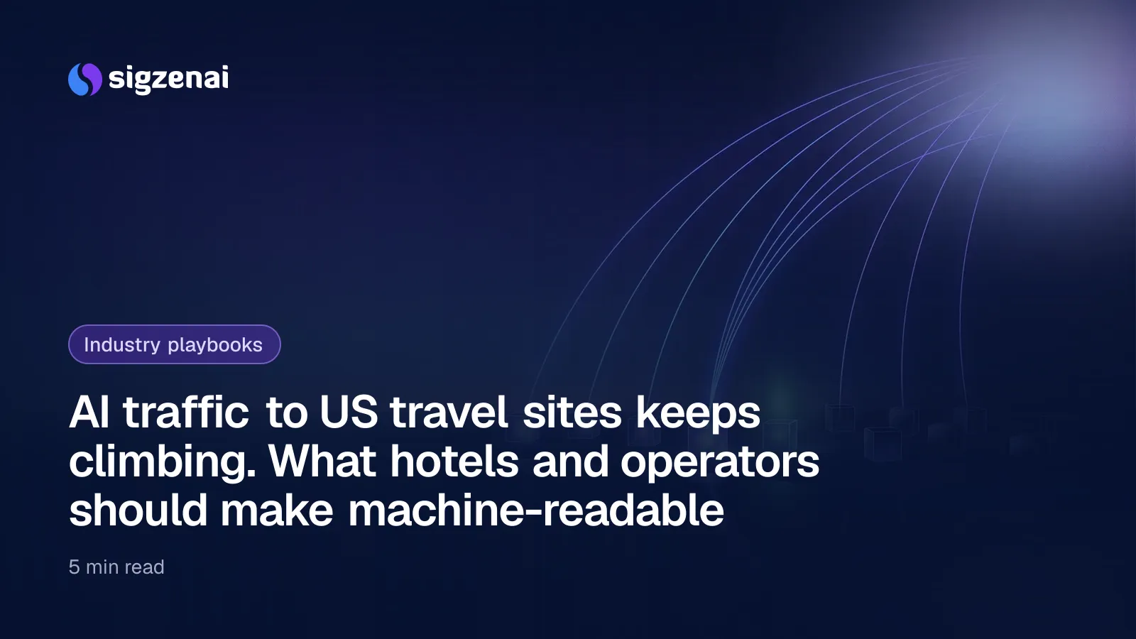 AI traffic to US travel sites keeps climbing. What hotels and operators should make machine-readable — Arcs of light descending from a night sky towards a row of glass cubes on a shoreline, some lit from within and some dark.