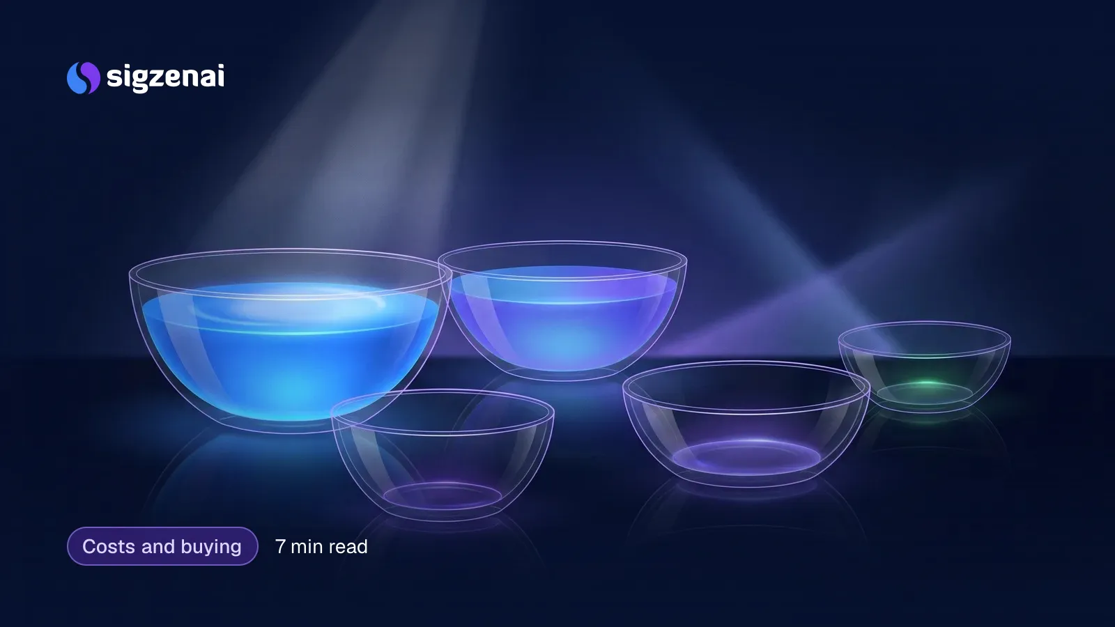 Costs and buying, 7 min read — Five glass bowls on a dark surface holding different amounts of light, with a beam pouring into the fullest one.