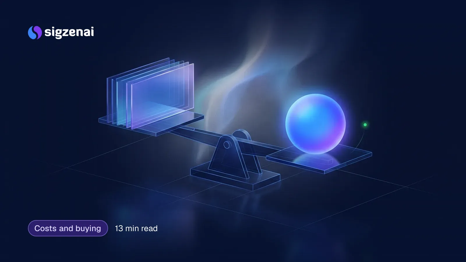 Costs and buying, 13 min read — A glass balance on a dark blue surface weighing a thin stack of translucent panes against a glowing blue-violet sphere.