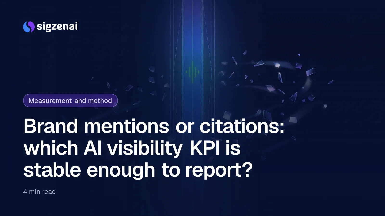 Brand mentions or citations: which AI visibility KPI is stable enough to report? — A steady beam of blue light stands in a dark space while small glass fragments drift and flicker around it.