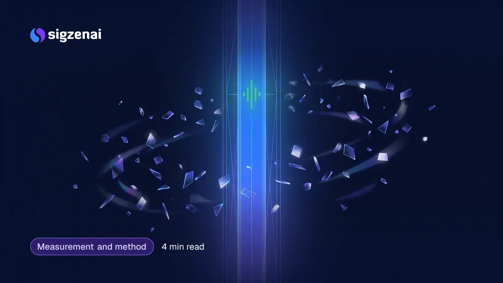 Measurement and method, 4 min read — A steady beam of blue light stands in a dark space while small glass fragments drift and flicker around it.