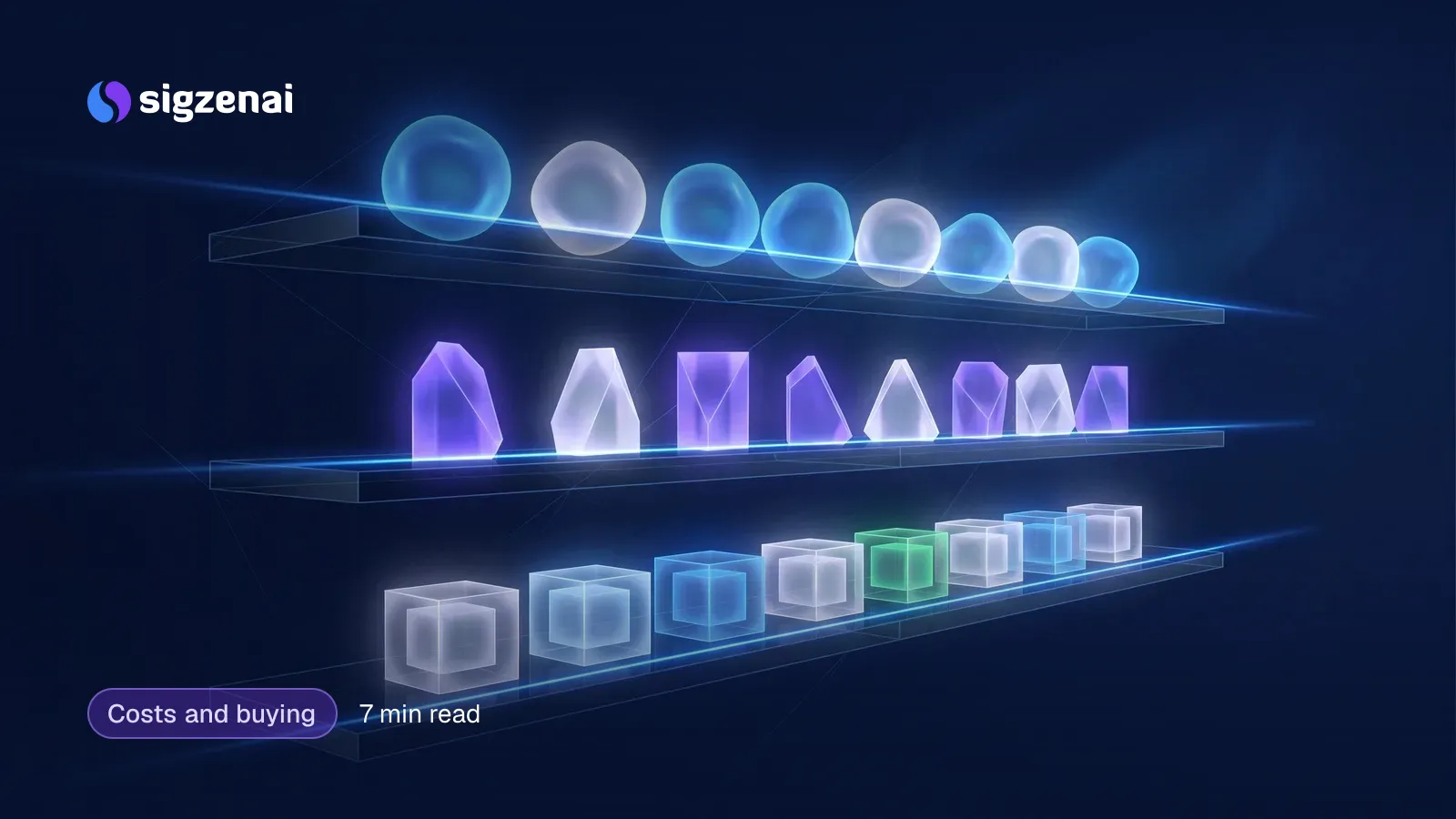 Costs and buying, 7 min read — Three floating glass shelves, each holding a row of differently shaped glowing objects, crossed by a single thin beam of light.