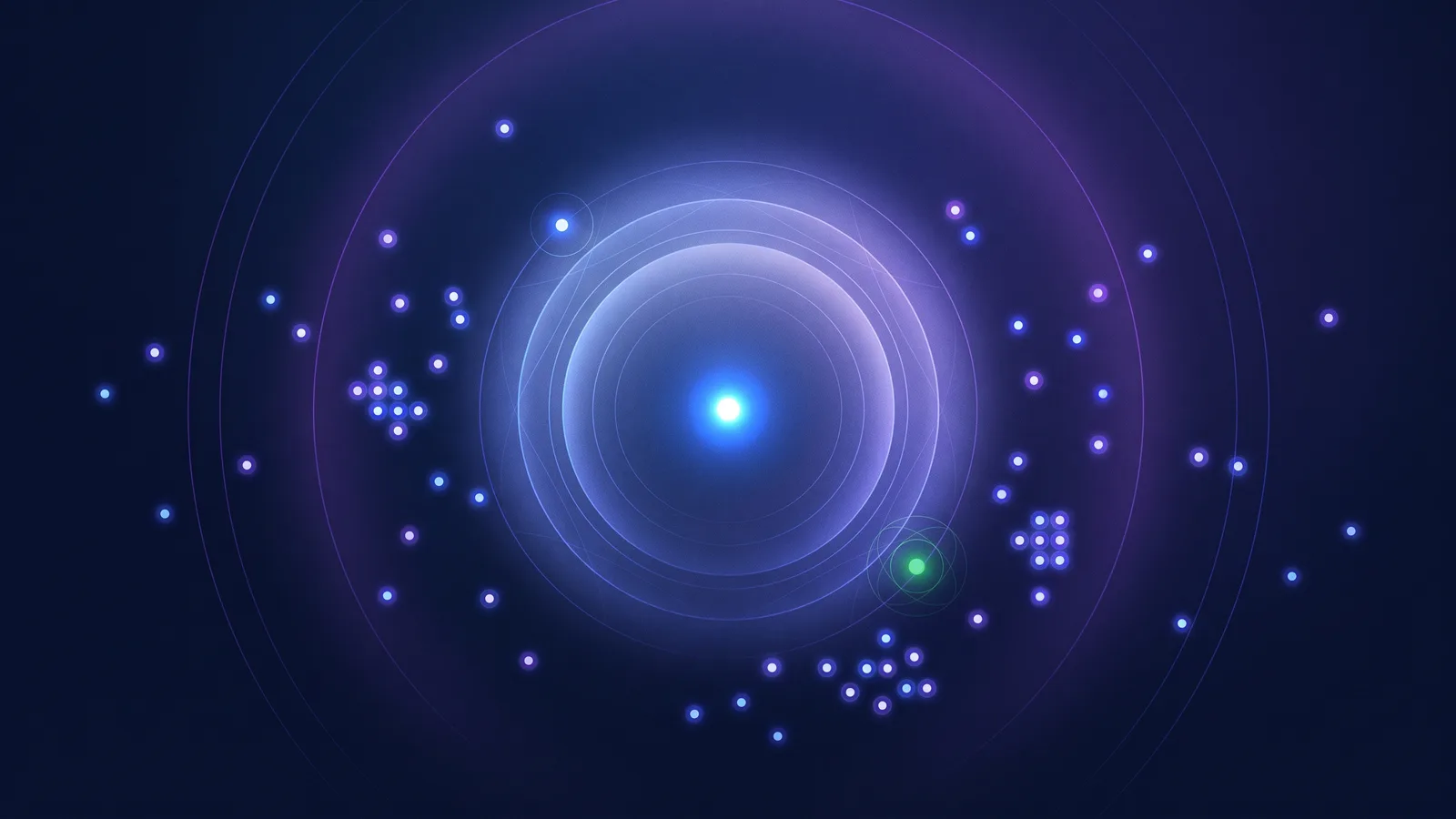 A bright point of light at the centre of a dark field, surrounded by soft concentric halos and small clustered dots scattered around it.