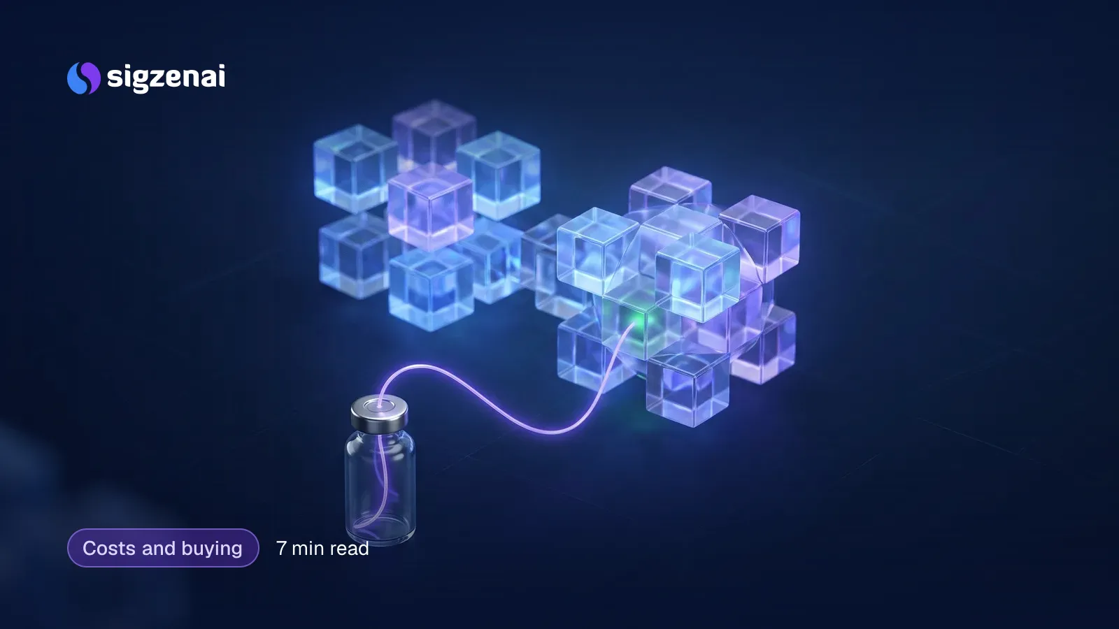 Costs and buying, 7 min read — Two clusters of translucent glass cubes merging in a night-blue space, with a thin violet thread running unbroken from a small sealed vessel in the foreground.
