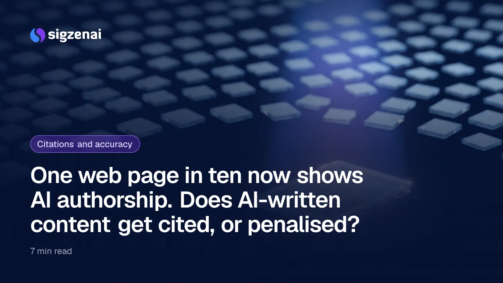 One web page in ten now shows AI authorship. Does AI-written content get cited, or penalised? — A field of small, identical blurred glass tiles behind one larger, clear tile lit sharply by a blue-violet beam.