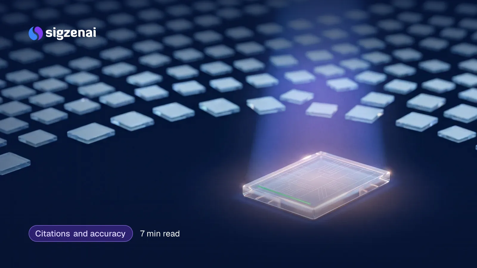 Citations and accuracy, 7 min read — A field of small, identical blurred glass tiles behind one larger, clear tile lit sharply by a blue-violet beam.