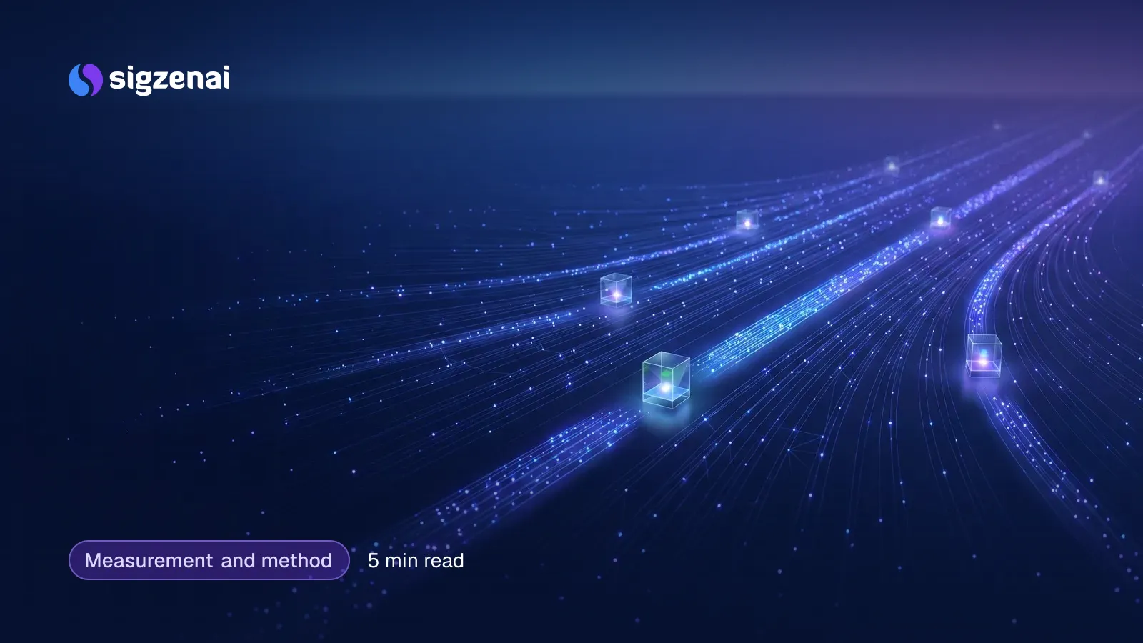 Measurement and method, 5 min read — Streams of tiny lights flowing across a dark blue field, most fading out, a few staying bright where they pass small glowing glass markers.