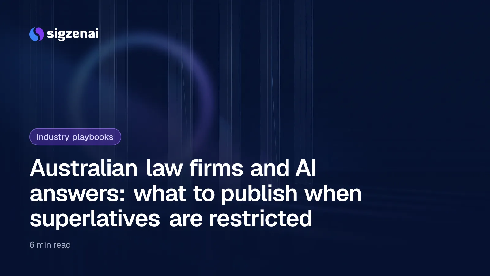 Australian law firms and AI answers: what to publish when superlatives are restricted — A row of equal clear glass columns lit evenly in blue-violet light, with a large blurred halo glowing behind them.