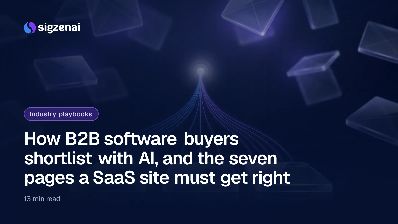 How B2B software buyers shortlist with AI, and the seven pages a SaaS site must get right — Three clear glowing glass tiles in a row in the foreground, with many faint tiles drifting behind them in a dark space.