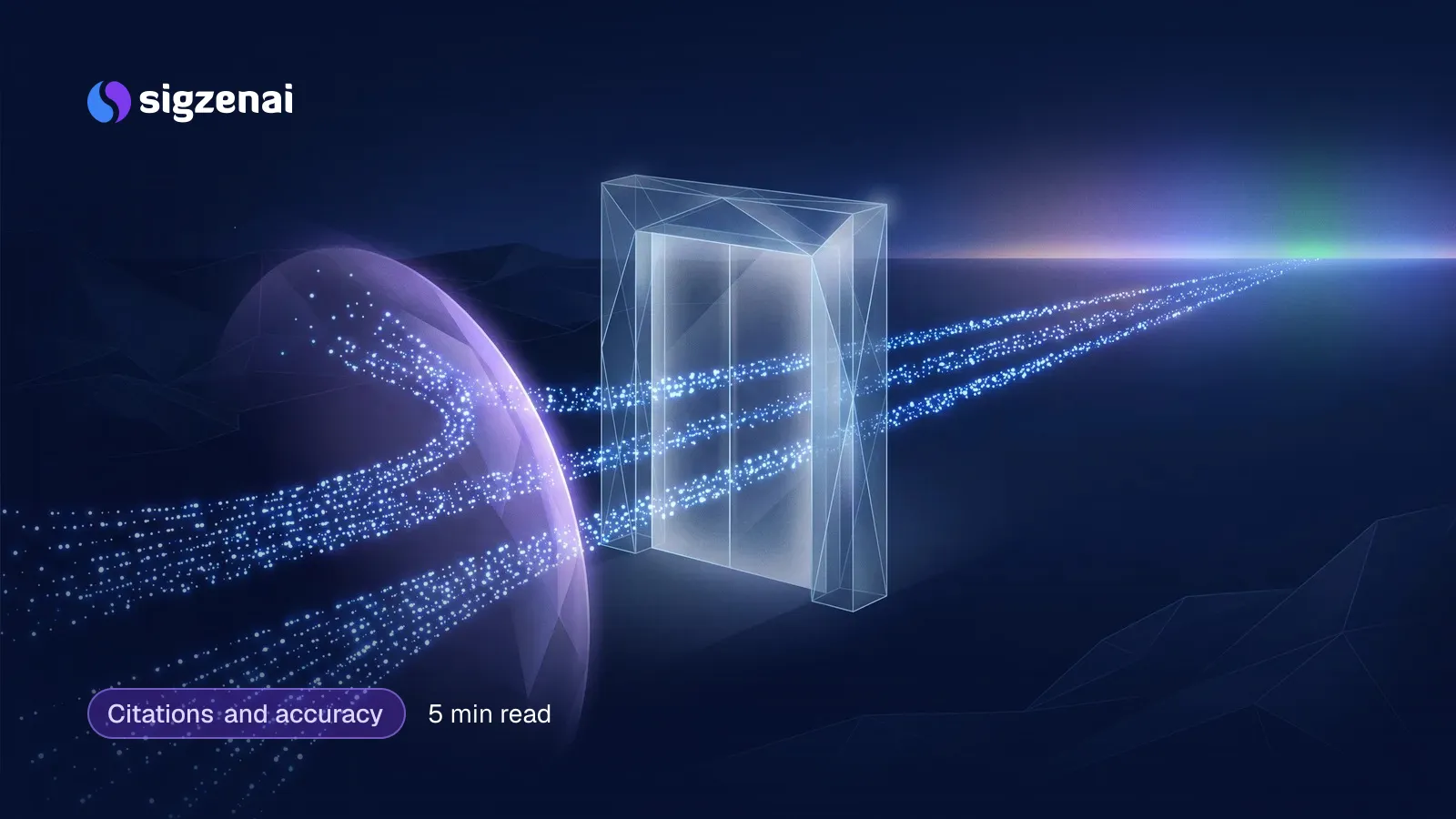 Citations and accuracy, 5 min read — Streams of small lights approach a glass gate at night; one is diverted aside while two pass through toward a glowing horizon.
