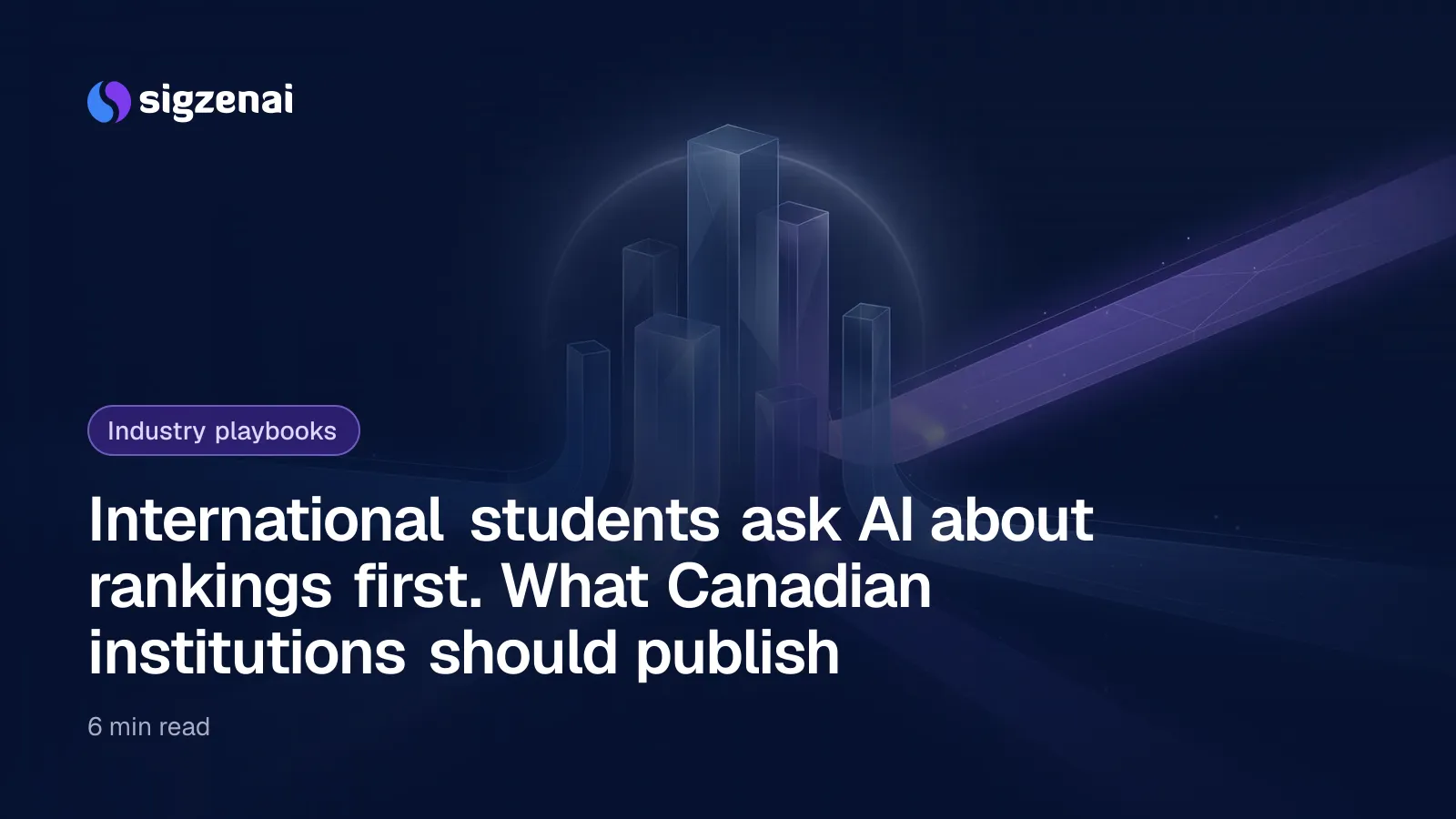 International students ask AI about rankings first. What Canadian institutions should publish — Soft paths of light converge from the edges of a dark space towards a cluster of translucent glass pillars of different heights.