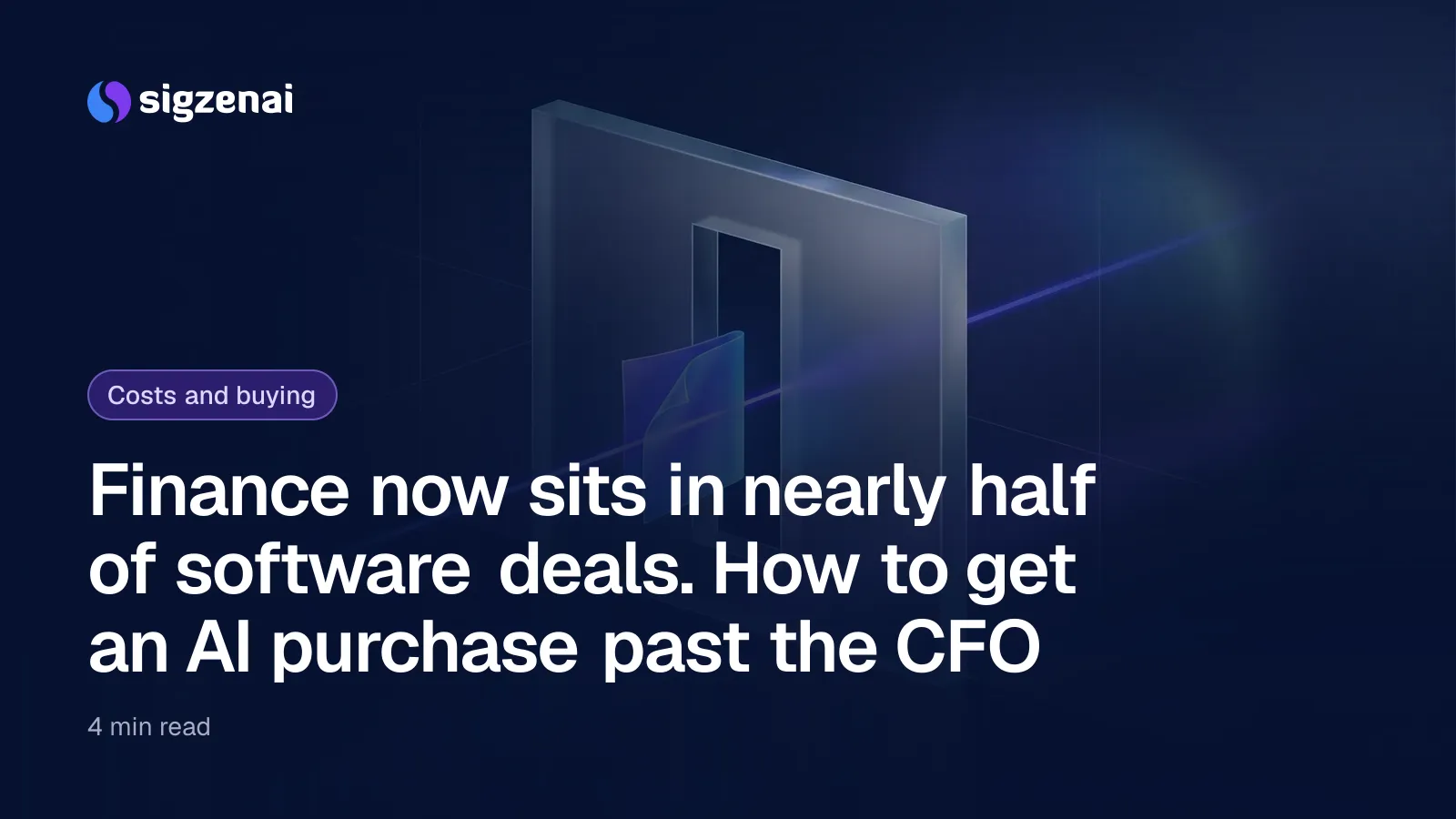 Finance now sits in nearly half of software deals. How to get an AI purchase past the CFO — A softly glowing folded sheet aligned with a narrow clear window in an upright frosted glass pane, a thin beam of light passing through both.