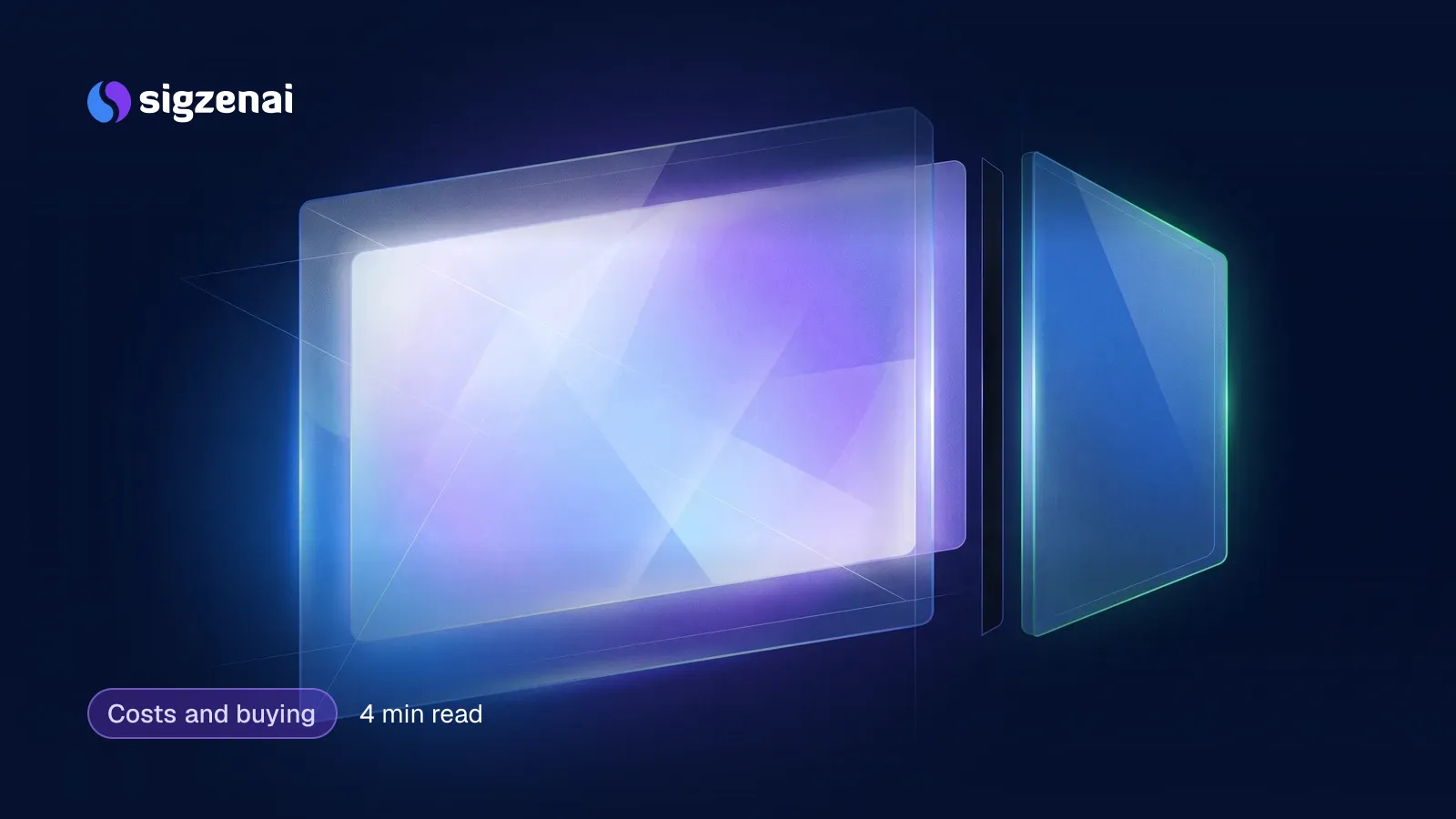 Costs and buying, 4 min read — A large glowing glass panel with a smaller tinted tile floating beside it, separated by a gap of darkness.