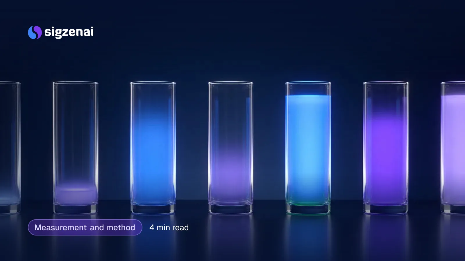 Measurement and method, 4 min read — A row of glass vessels on a dark surface, each filled to a different level with blue-violet light.