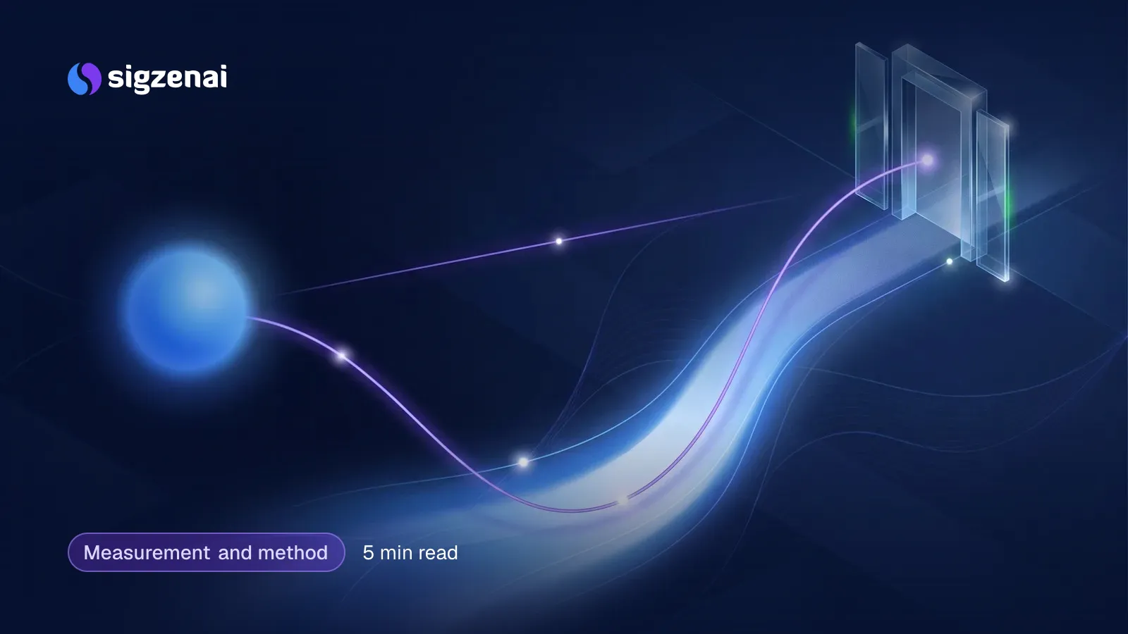 Measurement and method, 5 min read — A glowing orb sends a thread of light that curves through a bright channel to reach a distant glass doorway, while a thinner direct path fades out.