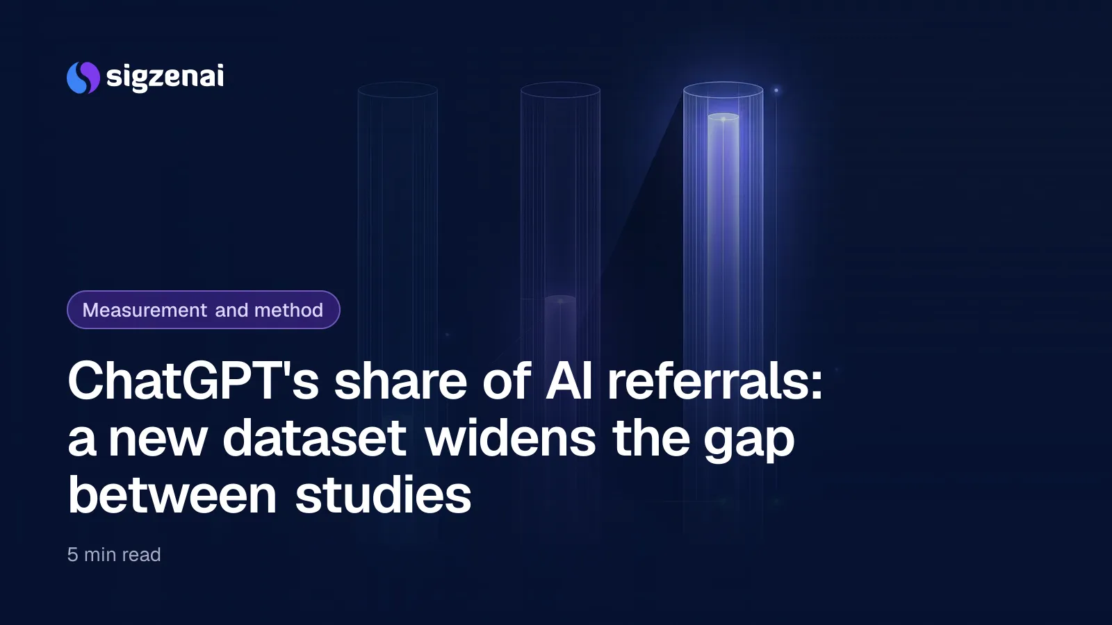 ChatGPT's share of AI referrals: a new dataset widens the gap between studies — Three glass rods on a dark surface, each lit from within to a different height, with a widening gap of shadow between them.
