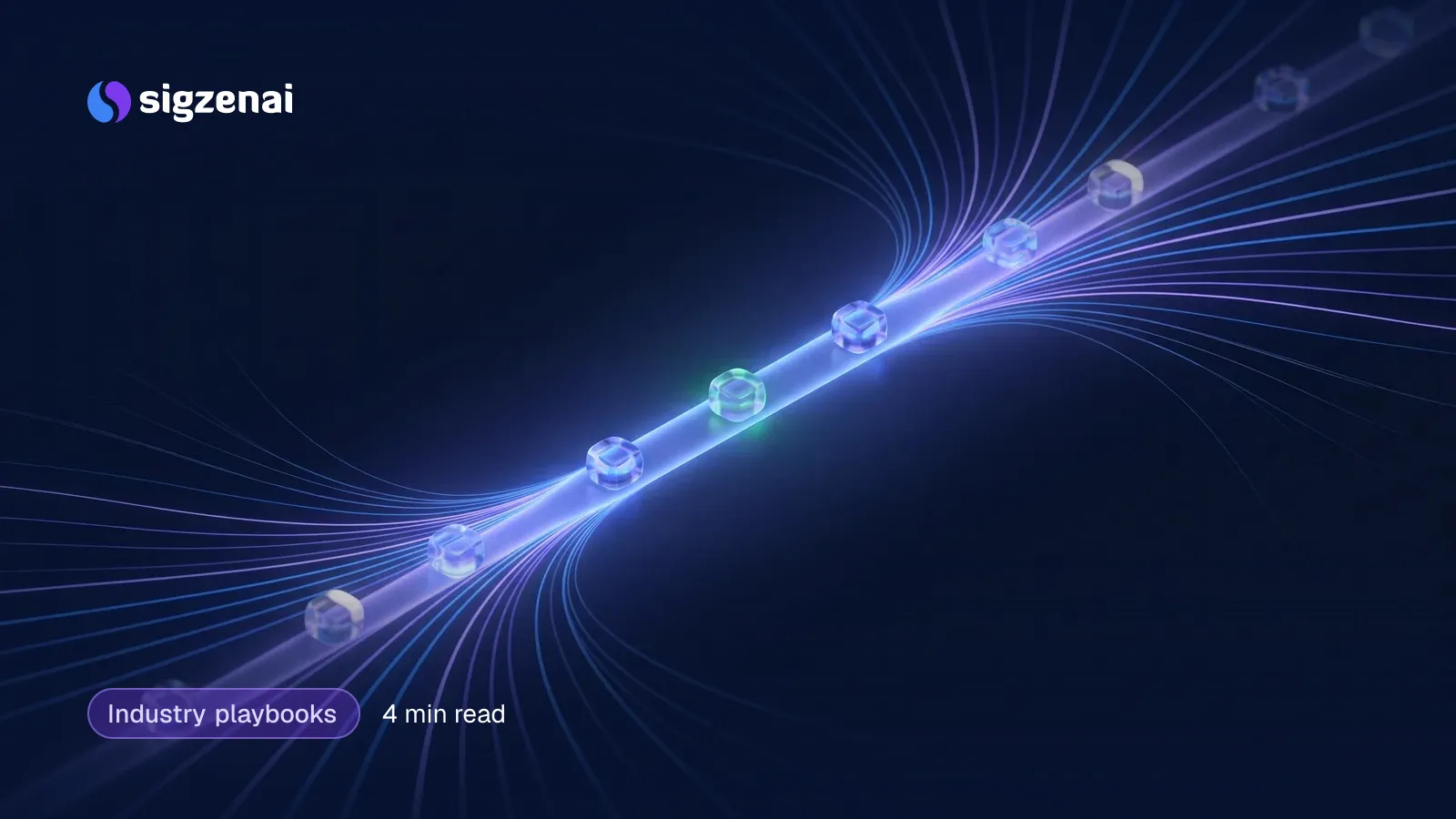 Industry playbooks, 4 min read — Many thin streams of blue light narrowing into one bright channel, with small glass forms carried along it and some streams fading out.