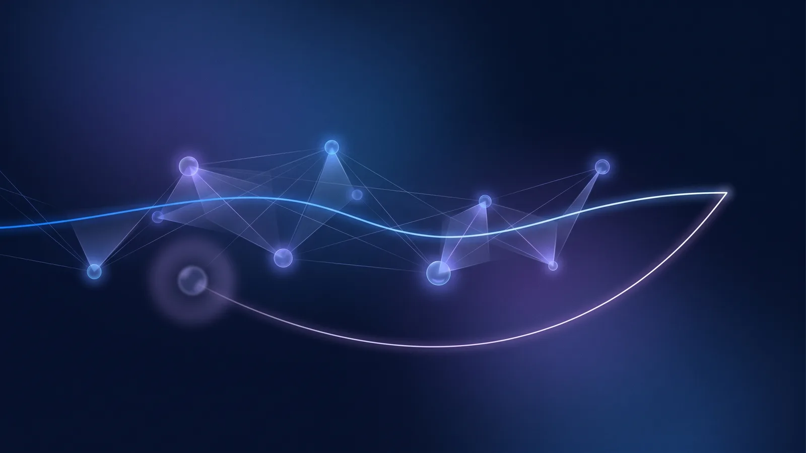 A glowing thread running through a web of soft blue and violet nodes, with a fine line tracing back to one dim node near its origin.