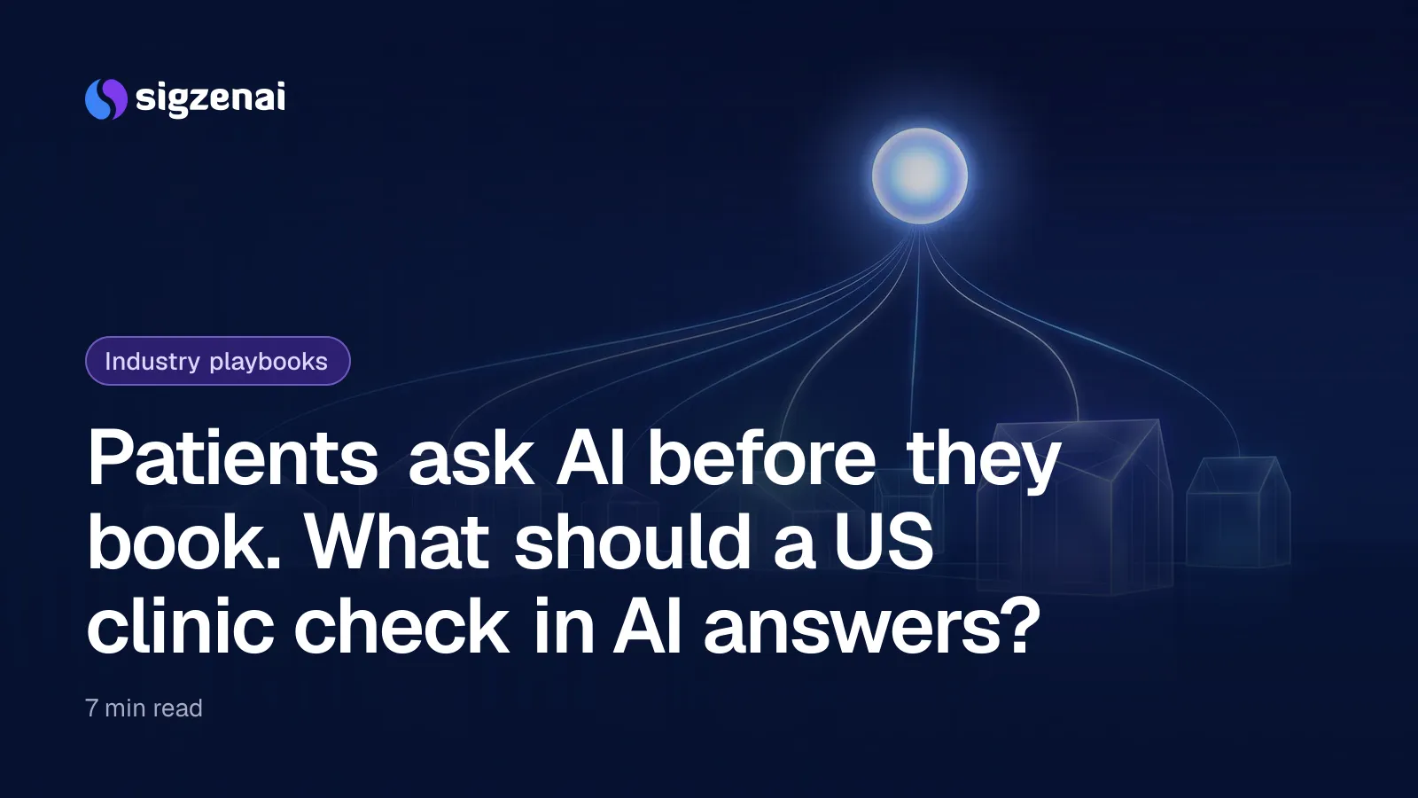 Patients ask AI before they book. What should a US clinic check in AI answers? — Small glass pavilions spread across a dark plain, each softly lit and linked by fine lines of light to one bright point above.
