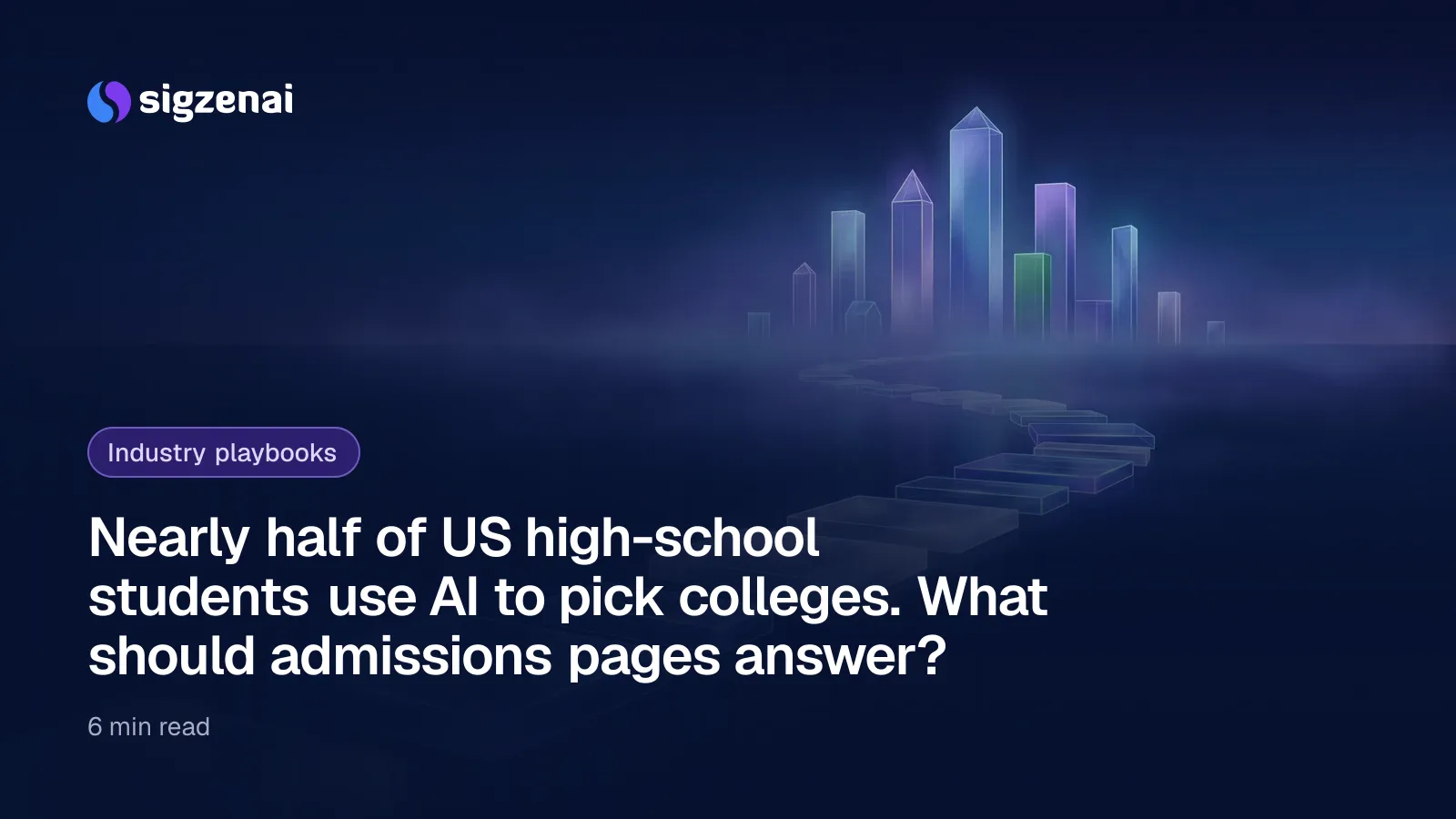 Nearly half of US high-school students use AI to pick colleges. What should admissions pages answer? — Glass stepping stones crossing a dark lake toward several softly glowing structures on the far shore under a blue-violet sky.