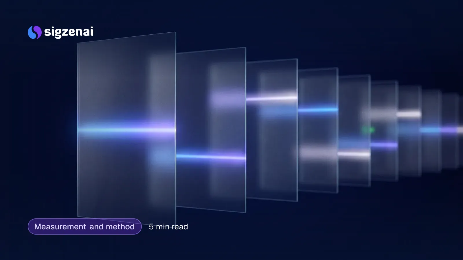 Measurement and method, 5 min read — A row of translucent glass panes receding into a dark blue space, each holding a band of light at a different height.