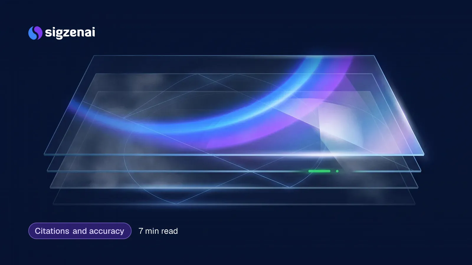 Citations and accuracy, 7 min read — Thin glass sheets layered on a dark surface, the lower ones dim and clouded and the top one catching a band of blue-violet light.