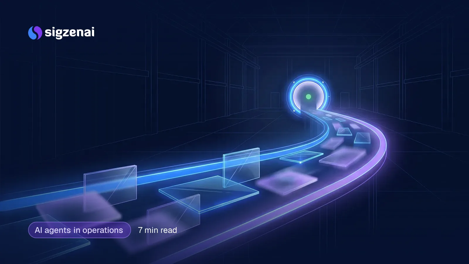 AI agents in operations, 7 min read — Translucent glass sheets, some crisp and some hazy, flow along a curved channel of blue light towards a single glowing gate in a dark hall.