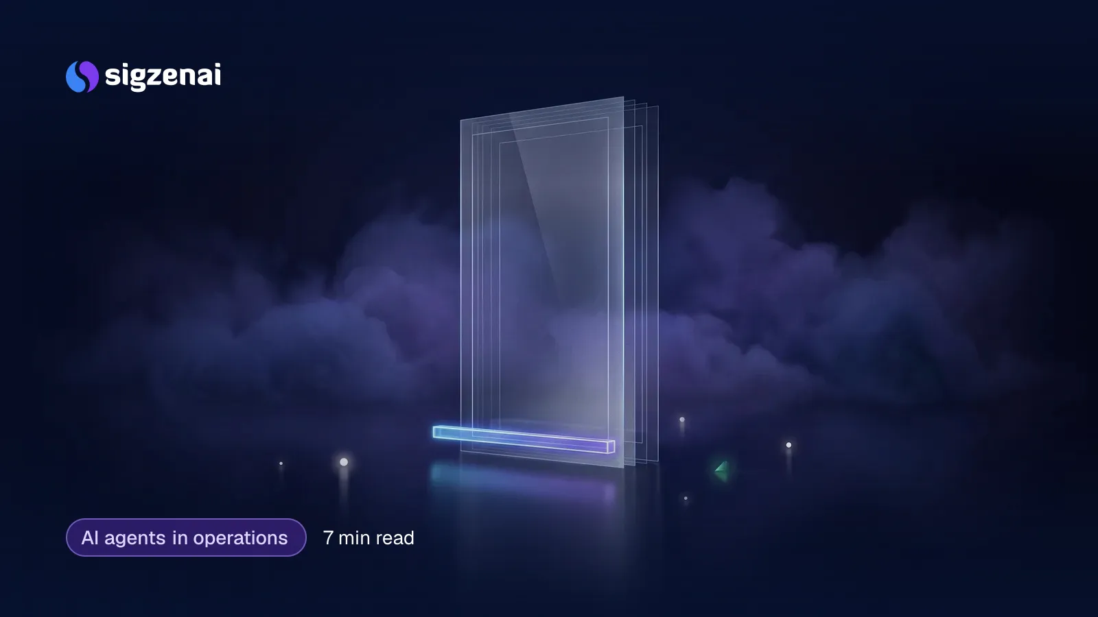AI agents in operations, 7 min read — A translucent glass doorway on a dark floor with a thin pane of blue-violet light across its threshold.