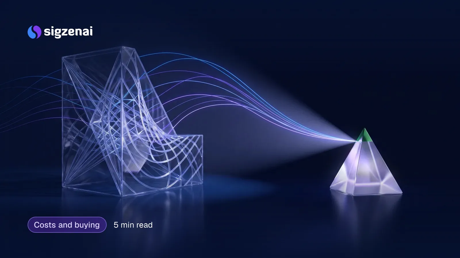 Costs and buying, 5 min read — Threads of blue-violet light passing from a large intricate glass structure to a smaller one on a dark reflective surface.