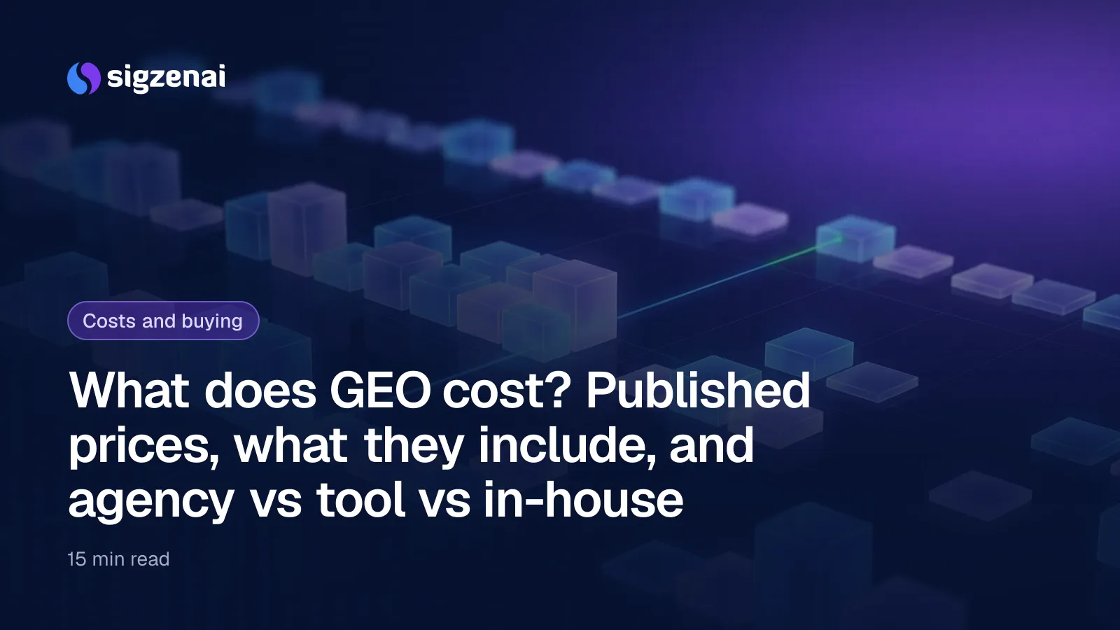 What does GEO cost? Published prices, what they include, and agency vs tool vs in-house — Rows of softly glowing translucent tiles of varying heights on a dark reflective surface, crossed by a thin beam of light.